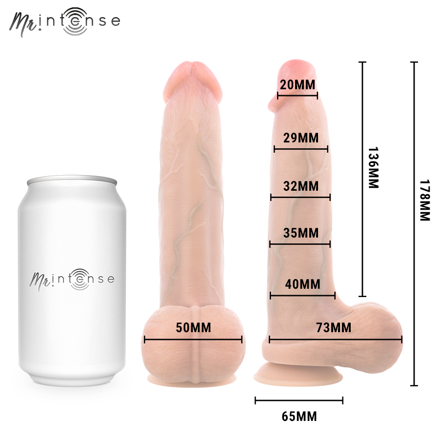 Cotes du Mr. Intense Bruce taille S : 178 mm de long dont 136 mm insérables, ventouse de 65 mm, comparé à une canette