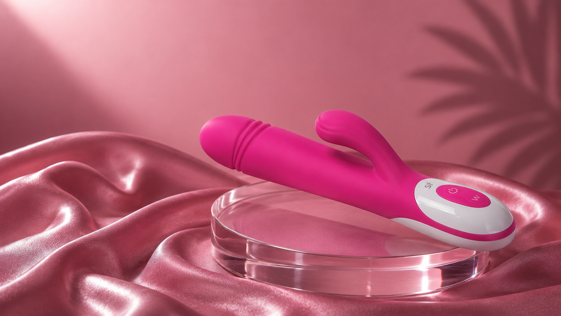 Vibromasseur à double stimulation posé sur un socle de verre, fond de satin rose