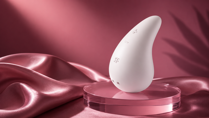 Petit stimulateur en goutte posé sur un socle de verre, fond de satin prune