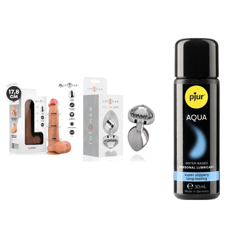 Le contenu d'un kit découverte : un gode, un plug et son lubrifiant