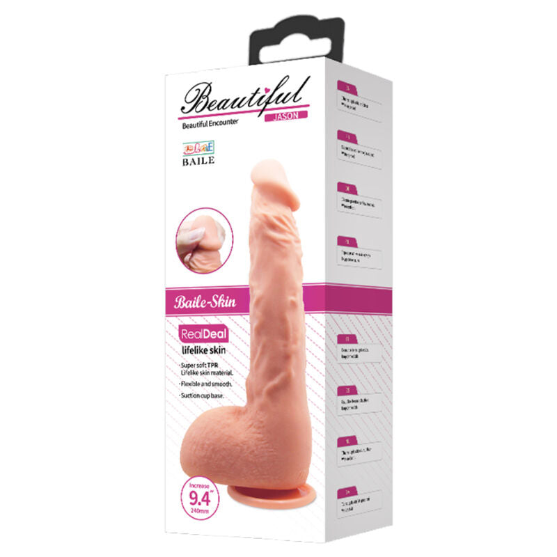 Gode réaliste à testicules Baile Jason 24 cm, dans sa boîte de la gamme Beautiful Baile-Skin