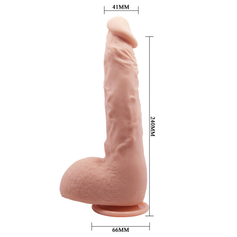 Gode réaliste à testicules Baile Jason 24 cm, schéma coté du fabricant : 240 mm de longueur, 41 mm de diamètre, ventouse de 66 mm