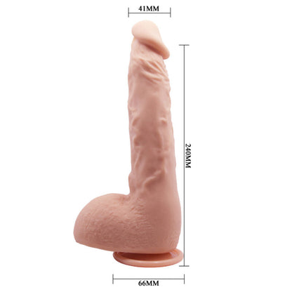 Gode réaliste à testicules Baile Jason 24 cm, schéma coté du fabricant : 240 mm de longueur, 41 mm de diamètre, ventouse de 66 mm