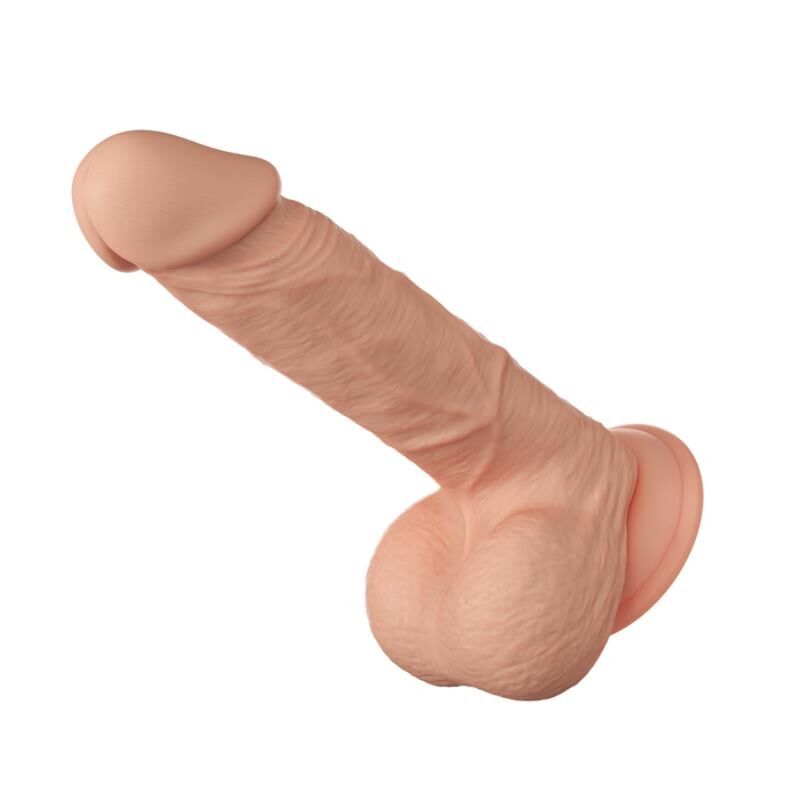 Gode réaliste à testicules Baile Bahamut 21,8 cm, posé à plat, vu de trois quarts