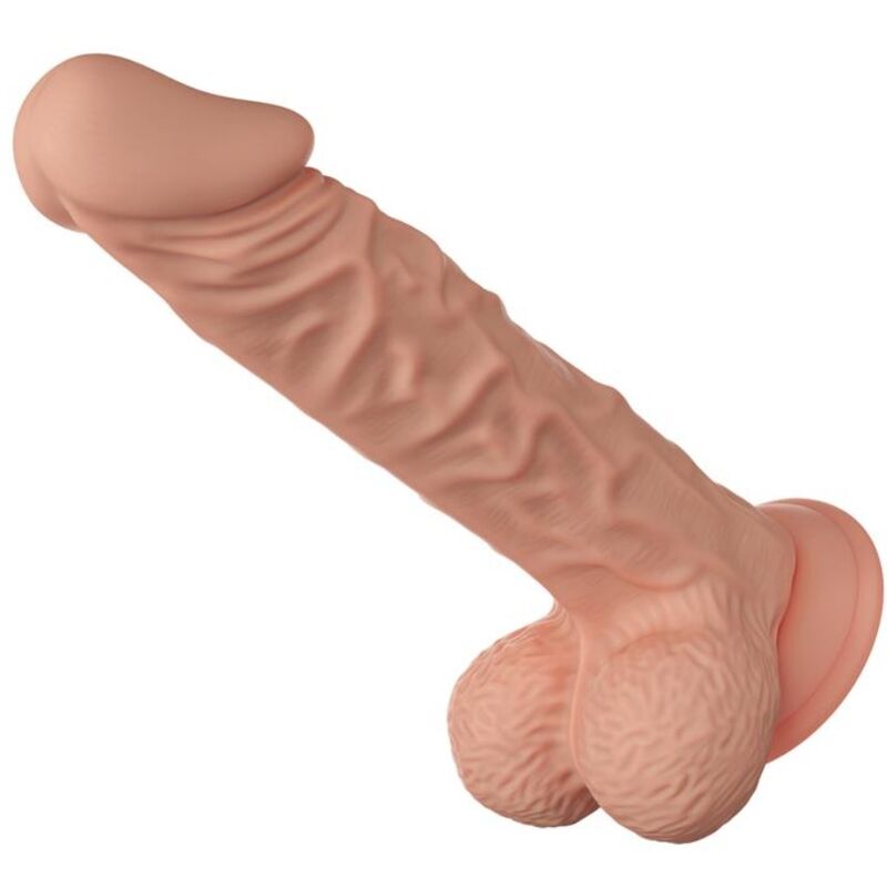 Gode réaliste à testicules Baile Buraq 24 cm, posé à plat, vu de trois quarts