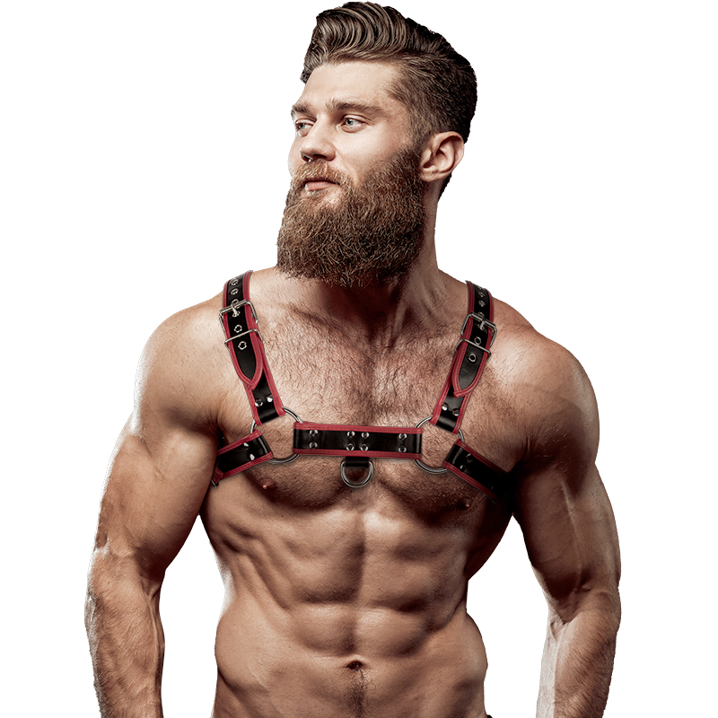 Fetish Submissive Attitude — Harnais Mens Eco-Leather en simili cuir, coloris noir et rouge