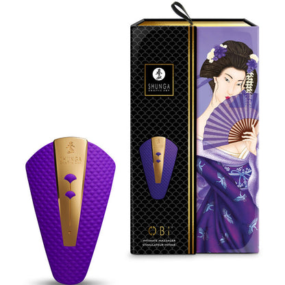 Stimulateur clitoridien Shunga Obi, coloris violet, avec sa boîte Shunga
