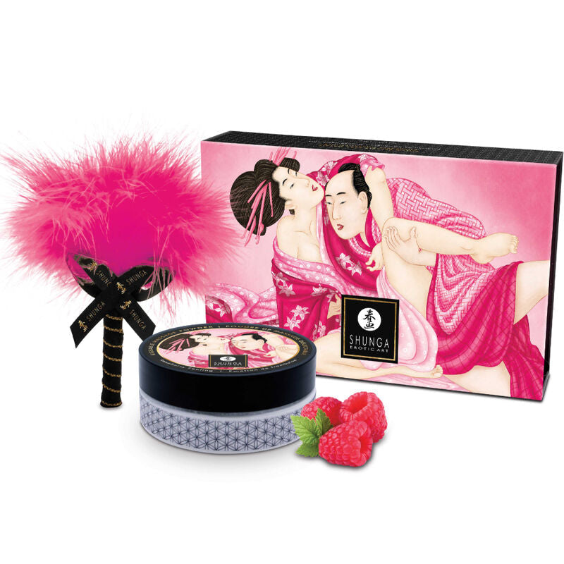 Coffret Shunga Edible Powder Kit, parfum framboise, poudre et brosse plume
