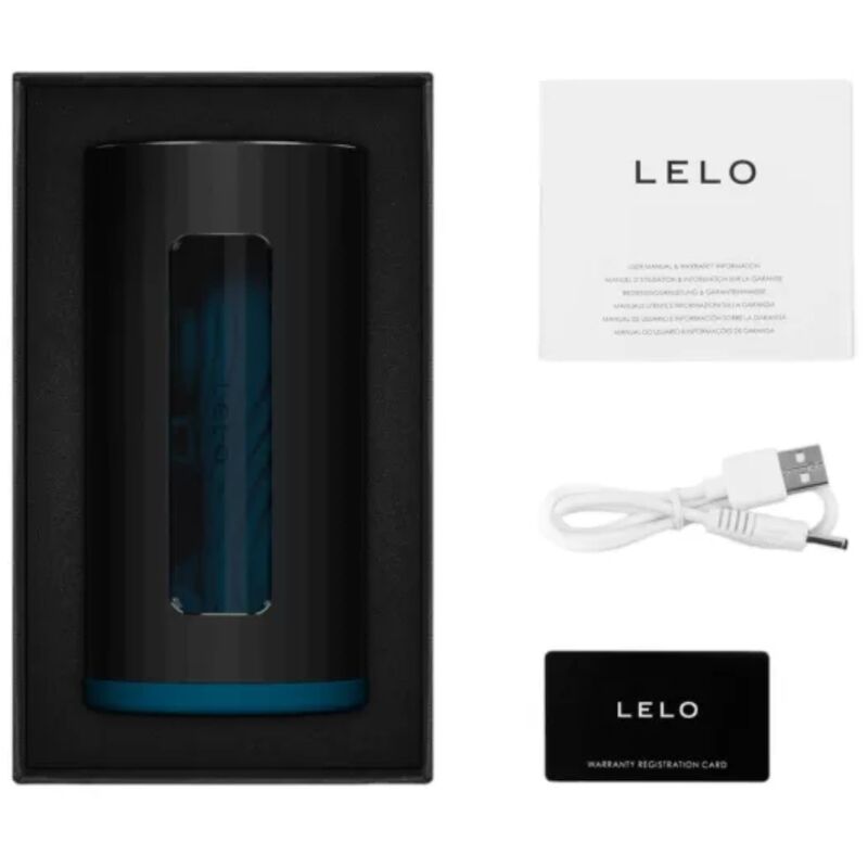 Contenu du coffret Lelo F1s V3 turquoise : console, manuel, câble de charge USB et carte d'enregistrement