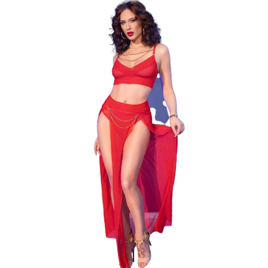 Chilirose — Top & legging rouge à chaînes dorées, tailles S à XL