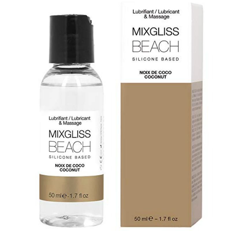 Lubrifiant silicone Mixgliss Beach, parfum noix de coco, flacon de 50 ml et sa boîte