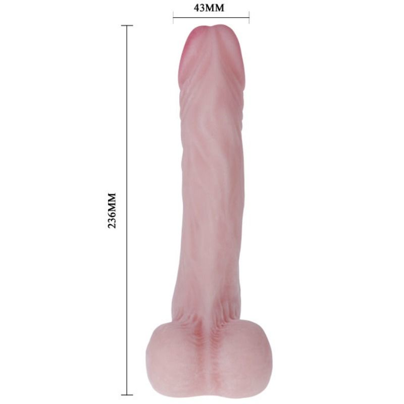 Gode réaliste à testicules Baile Natural Cock 23,6 cm, schéma coté du fabricant : 236 mm de longueur totale, 43 mm de diamètre