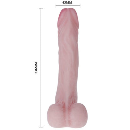 Gode réaliste à testicules Baile Natural Cock 23,6 cm, schéma coté du fabricant : 236 mm de longueur totale, 43 mm de diamètre